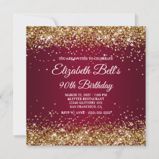 Gold Glitter Burgundy Ombre 90th Birthday Invitation