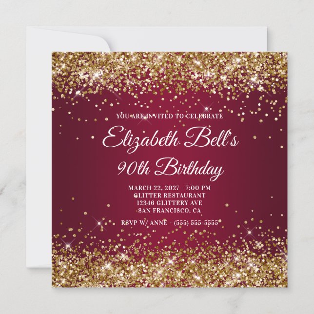 Gold Glitter Burgundy Ombre 90th Birthday Invitation (Front)