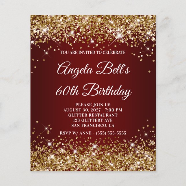 Gold Glitter Burgundy Red 60th Birthday Invitation (Front)