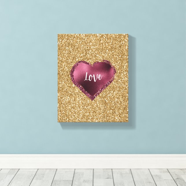 Gold Glitter Burgundy Red Heart Love Canvas Print (Insitu(Wood Floor))