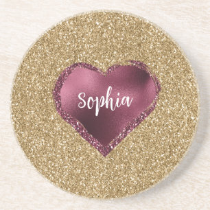 Gold Glitter Burgundy Red Heart Love Coaster