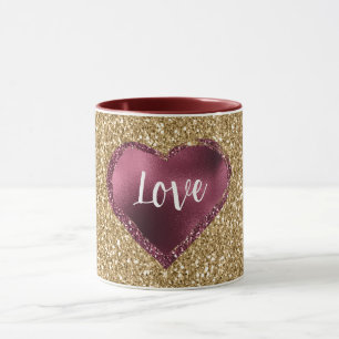 Gold Glitter Burgundy Red Heart Love Mug