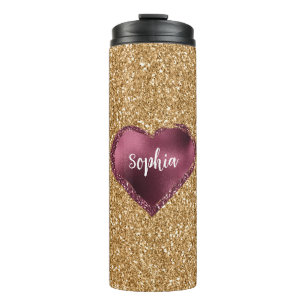Gold Glitter Burgundy Red Heart Love Thermal Tumbler