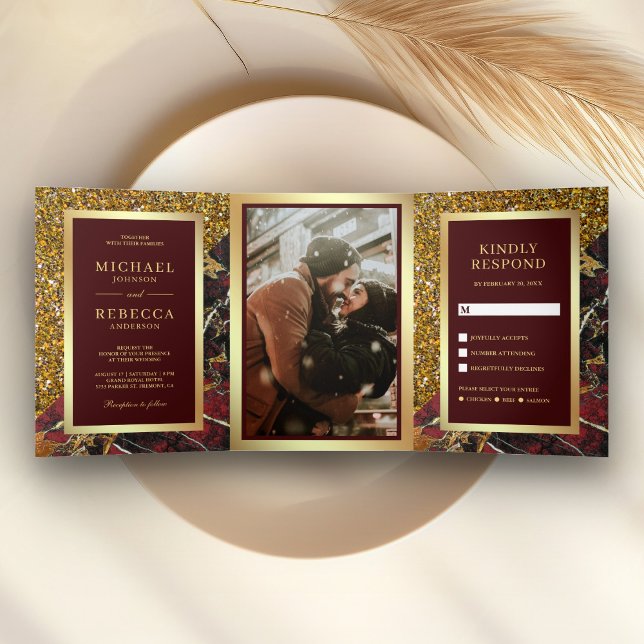 Gold Glitter Burgundy Red Marble Photo Wedding Tri-Fold Invitation (Creator Uploaded)
