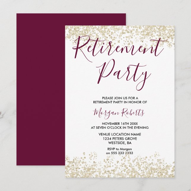 Gold Glitter Burgundy Retirement Party Invitation (Front/Back)