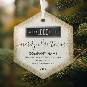 Gold Glitter Business Logo Christmas Glass Tree Decoration