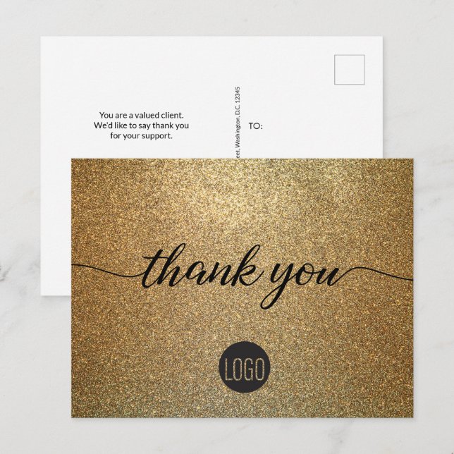 Gold Glitter Business logo Customer Thank you Postcard (Front/Back)