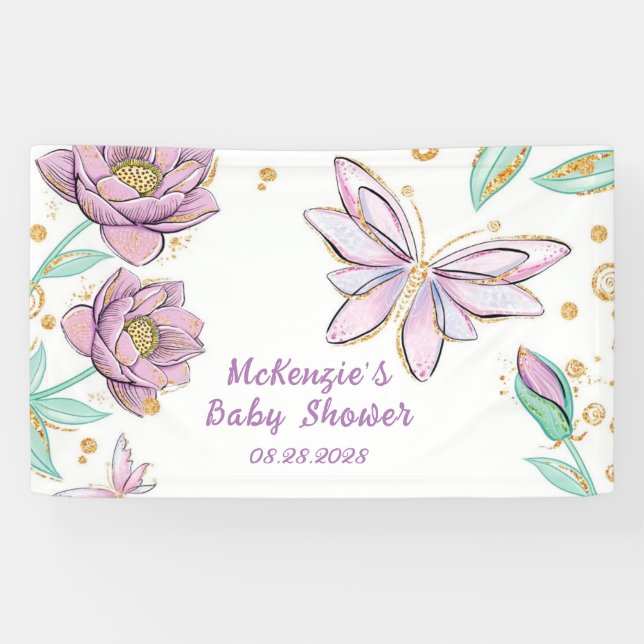 Gold Glitter Butterfly and Flower Girl Baby Shower Banner (Horizontal)