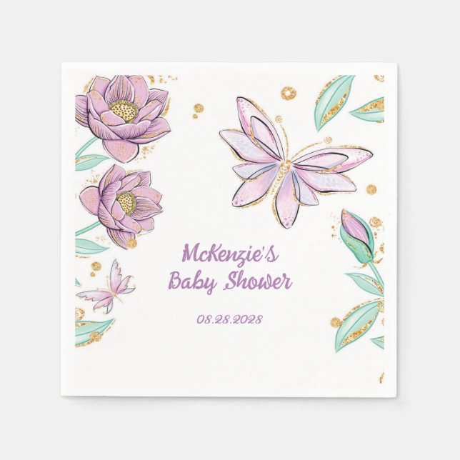 Gold Glitter Butterfly and Flower Girl Baby Shower Napkin (Front)