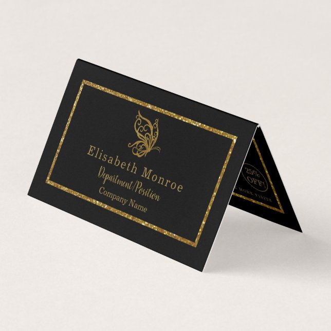 Gold Glitter Butterfly Double Loyalty Business Card (Front)