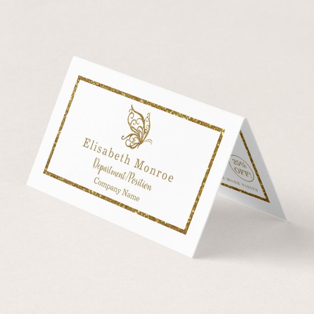 Gold Glitter Butterfly Double Loyalty Business Card (Front)