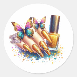 Gold Glitter Butterfly Nails Classic Round Sticker