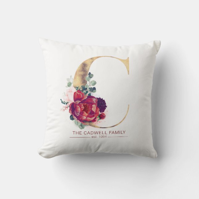 Gold Glitter C Monogram Floral Burgundy Red Cushion (Front)