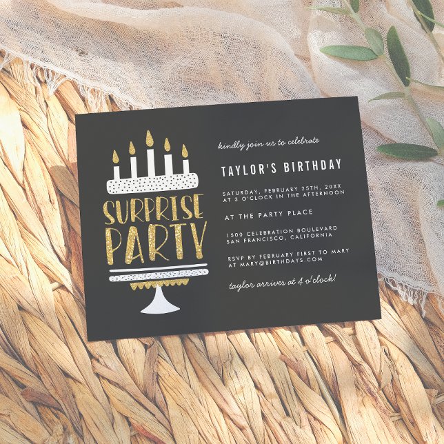 Gold Glitter Cake Surprise Birthday Party Invitation Postcard (Creator Uploaded)