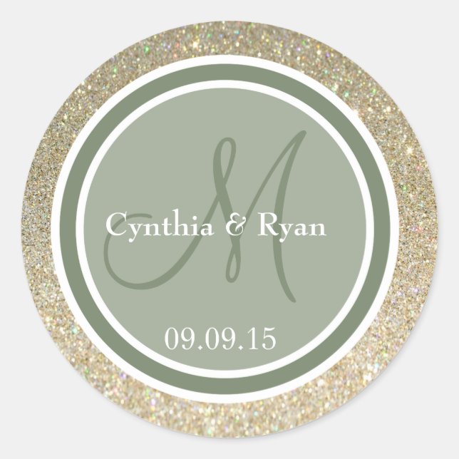 Gold Glitter & Camo Green Wedding Monogram Classic Round Sticker (Front)