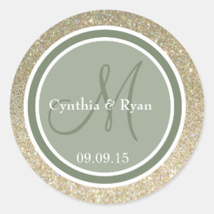 Gold Glitter & Camo Green Wedding Monogram Classic Round Sticker