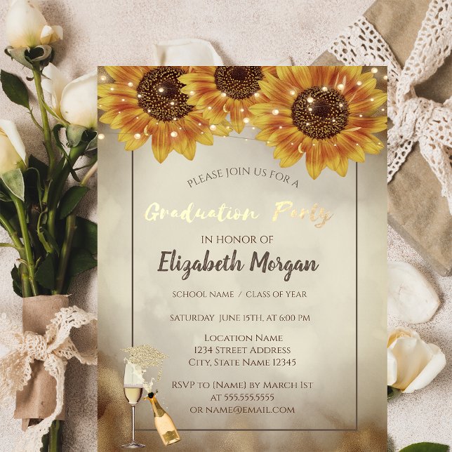 Gold Glitter Cap, Wine,Glass, Sunflowers Gold Touh Invitation (Creator Uploaded)
