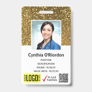 Gold Glitter Caregiver QR Barcode Photo ID Badge
