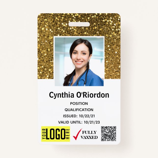 Gold Glitter Caregiver QR Barcode Photo ID Badge (Front)