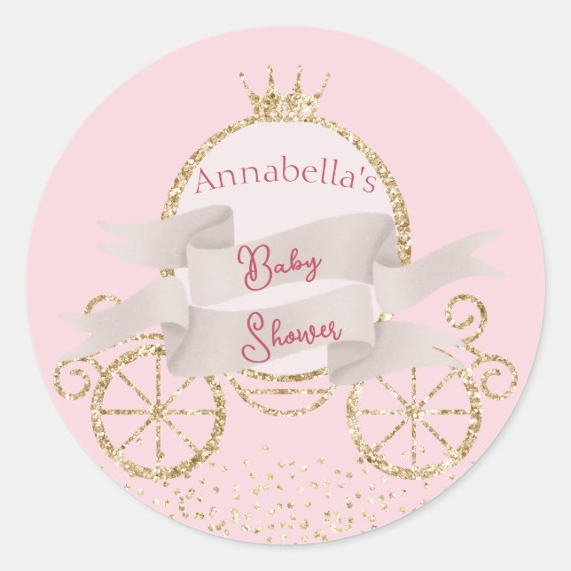 Gold Glitter Carriage Fairy Tale Baby Shower Classic Round Sticker (Front)