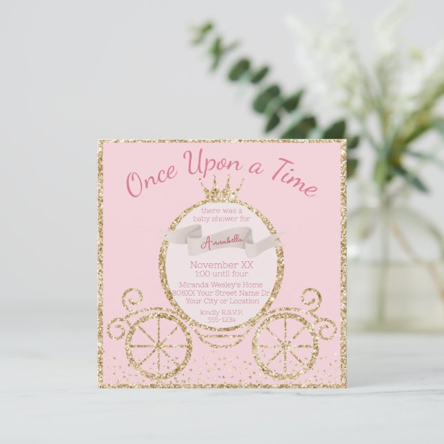 Gold Glitter Carriage Fairy Tale Baby Shower Invitation (Standing Front)