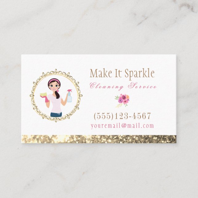  Gold Glitter Cartoon Maid Cleaning Services Business Card (Front)