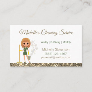 Gold Glitter Cartoon Maid House Cleaning Service Business Card