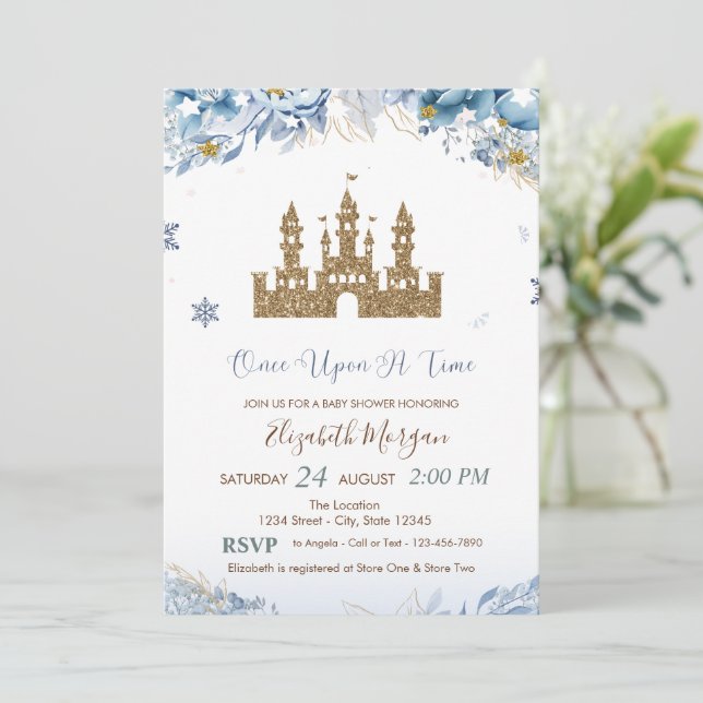 Gold Glitter Castle,Blue Flowers,Stars Invitation (Standing Front)