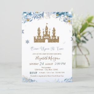 Gold Glitter Castle,Blue Flowers,Stars Invitation