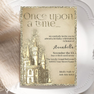 Gold Glitter Castle Fairy Tale Theme Invitation
