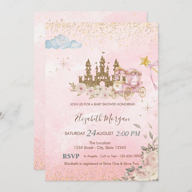 Gold Glitter Castle,FlowersCarriage Baby Shower  Invitation (Front/Back)