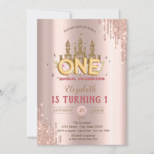 Gold Glitter Castle,Rose Gold Drips 1st Birthday Invitation