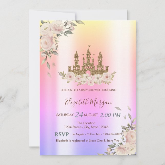 Gold Glitter Castle,Stars,Floral Ombre Baby Shower Invitation (Front)