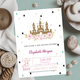 Gold Glitter Castle, Stars, Princess Baby Shower Invitation