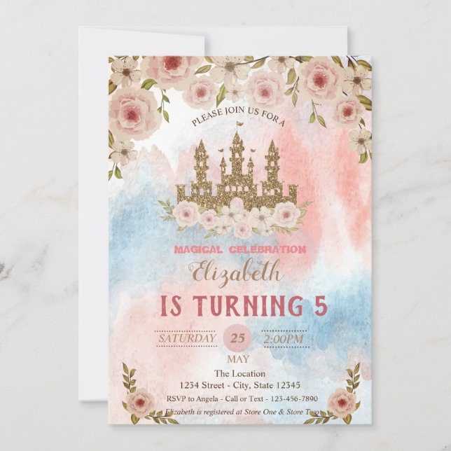 Gold Glitter Castle, Watercolor Splash Birthday  Invitation (Front)