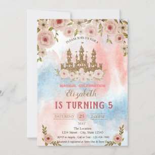Gold Glitter Castle, Watercolor Splash Birthday Invitation