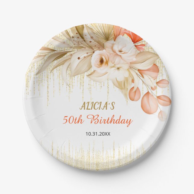 Gold Glitter Chain Yellow Orange Flower Birthday  Paper Plate (Front)