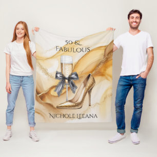 Gold Glitter Champagne 50 & Fabulous Birthday Fleece Blanket
