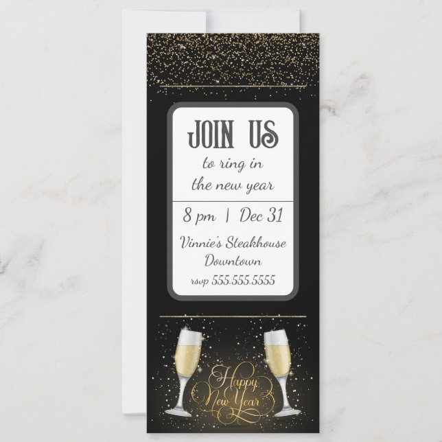 Gold Glitter Champagne Glass New Year's Invitation (Front)