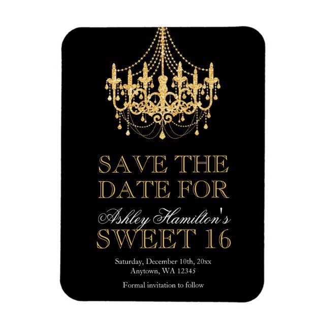 Gold Glitter Chandelier Sweet 16 Save the Date Magnet (Vertical)