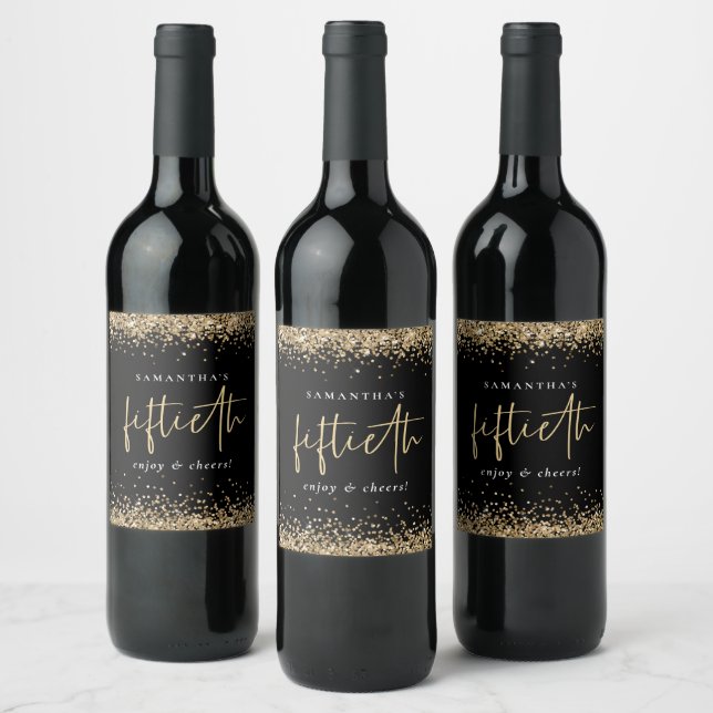 Gold Glitter Cheers Name Fiftieth Birthday Black Wine Label (Bottles)