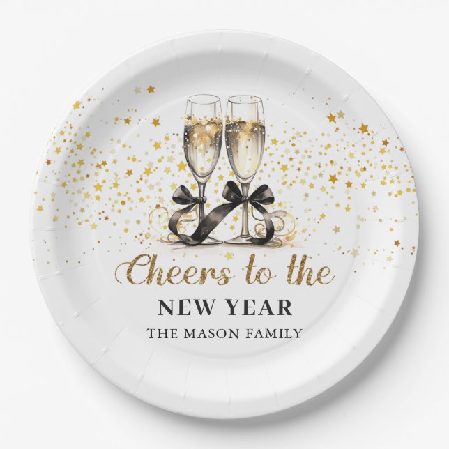 Gold Glitter Cheers New Years Eve Party Paper Plate (Front)