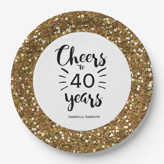 Gold Glitter Cheers to 40 Years Paper Plate (Front)