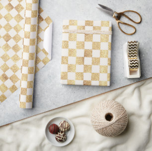 Gold Glitter Chequered Squares Retro Wrapping Paper