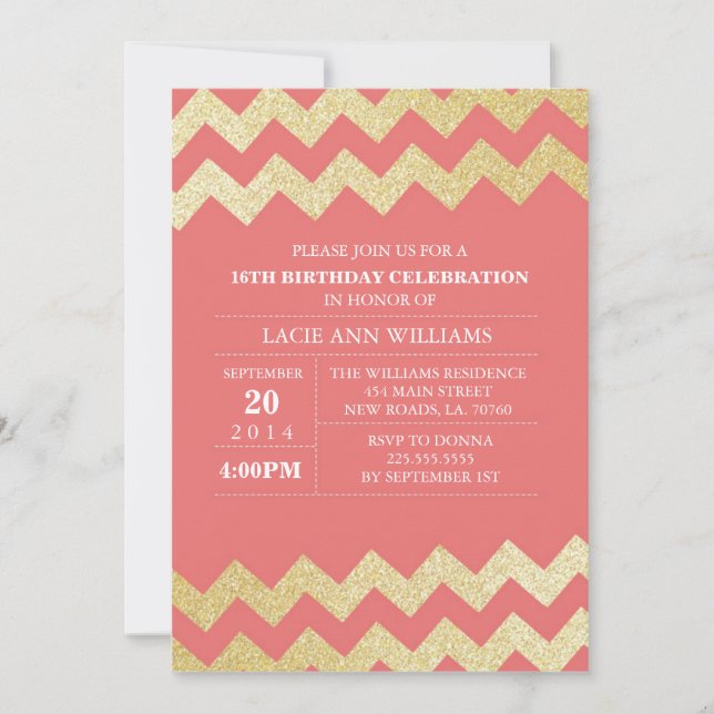 Gold Glitter Chevron Birthday Party | Coral Invitation (Front)