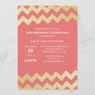Gold Glitter Chevron Birthday Party   Coral Invitation