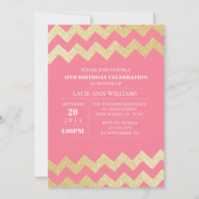 Gold Glitter Chevron Birthday Party | Pink Invitation (Front)