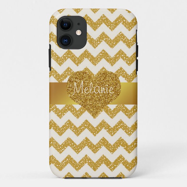 Gold Glitter Chevron Monogram iPhone with Heart Case-Mate iPhone Case (Back)
