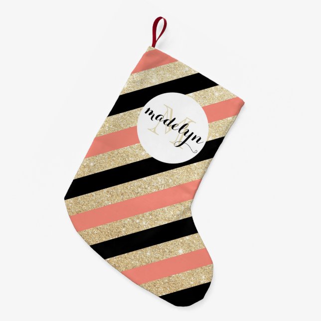 Gold Glitter Chevron Monogram Stocking (Front (Hanging))