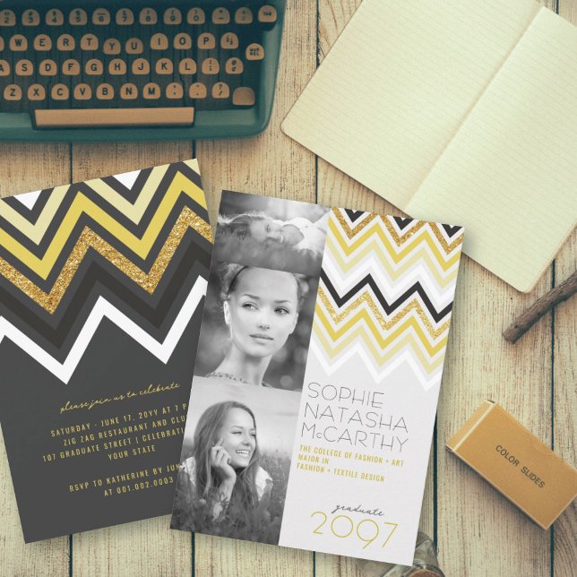 Gold Glitter Chevron Stripes Chic Graduation Party Invitation (Creator Uploaded)